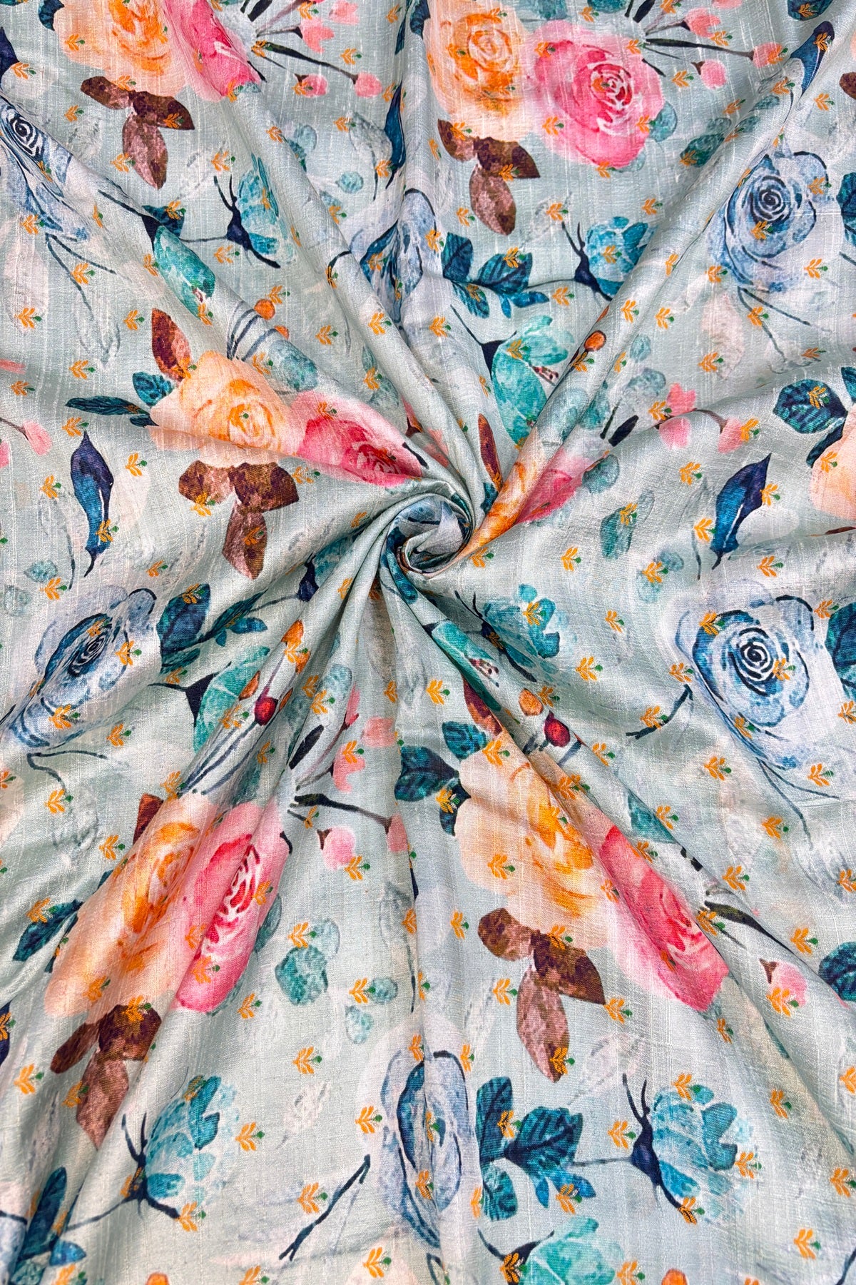 Pastel Turquoise Blue Printed Zari Butties On Pure Rawsilk Fabric