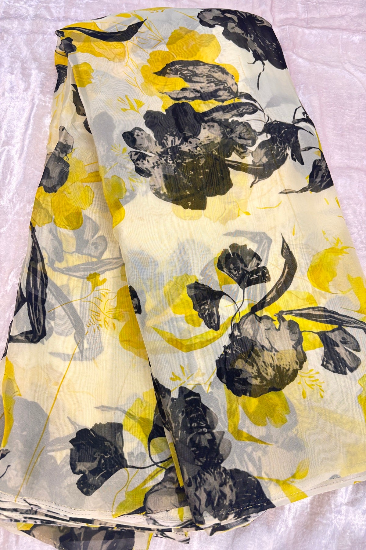 Lemon Yellow & Black Floral Printed Organza Fabric