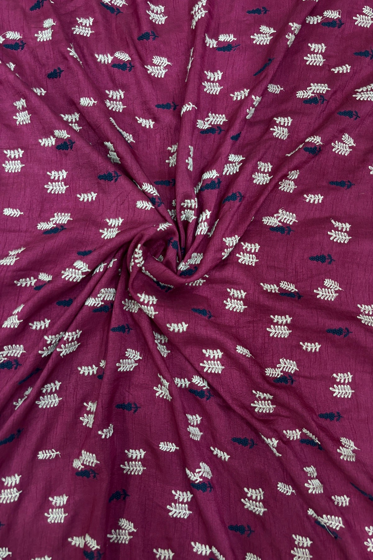Pines & Leaves Embroidered Pure Falling Raw Silk Fabric