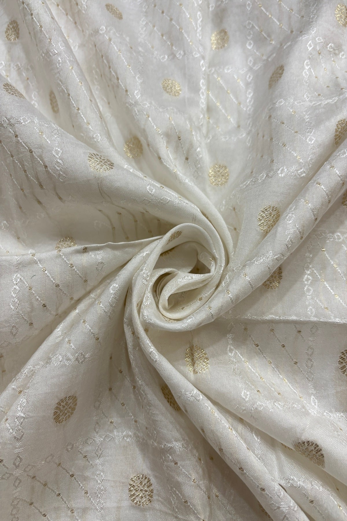 Alternate Checks With Self Thread & Zari Woven Floral White Dyeable Russian Silk Fabric