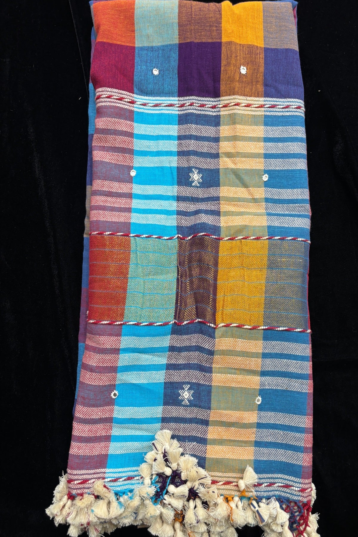 Multicolor Checked Mirror Worked Handwoven Pure Kala Cotton Bujodi Dupatta