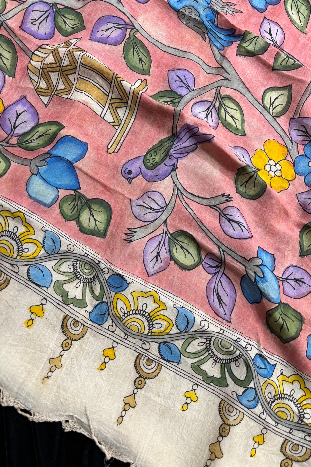 Peach Color Pure Pen Kalamkari Hand Painted Silk Dupatta With Beige Brocade Border