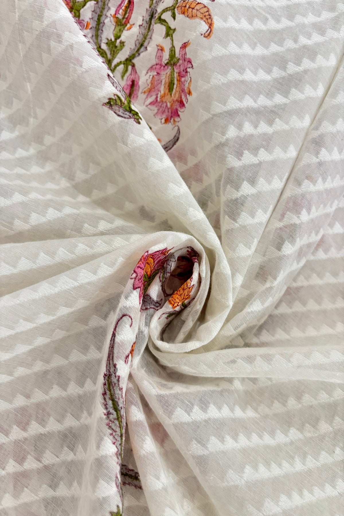 Pinks & Orange Shaded Mughal Printed Chanderi Jacquard Fabric