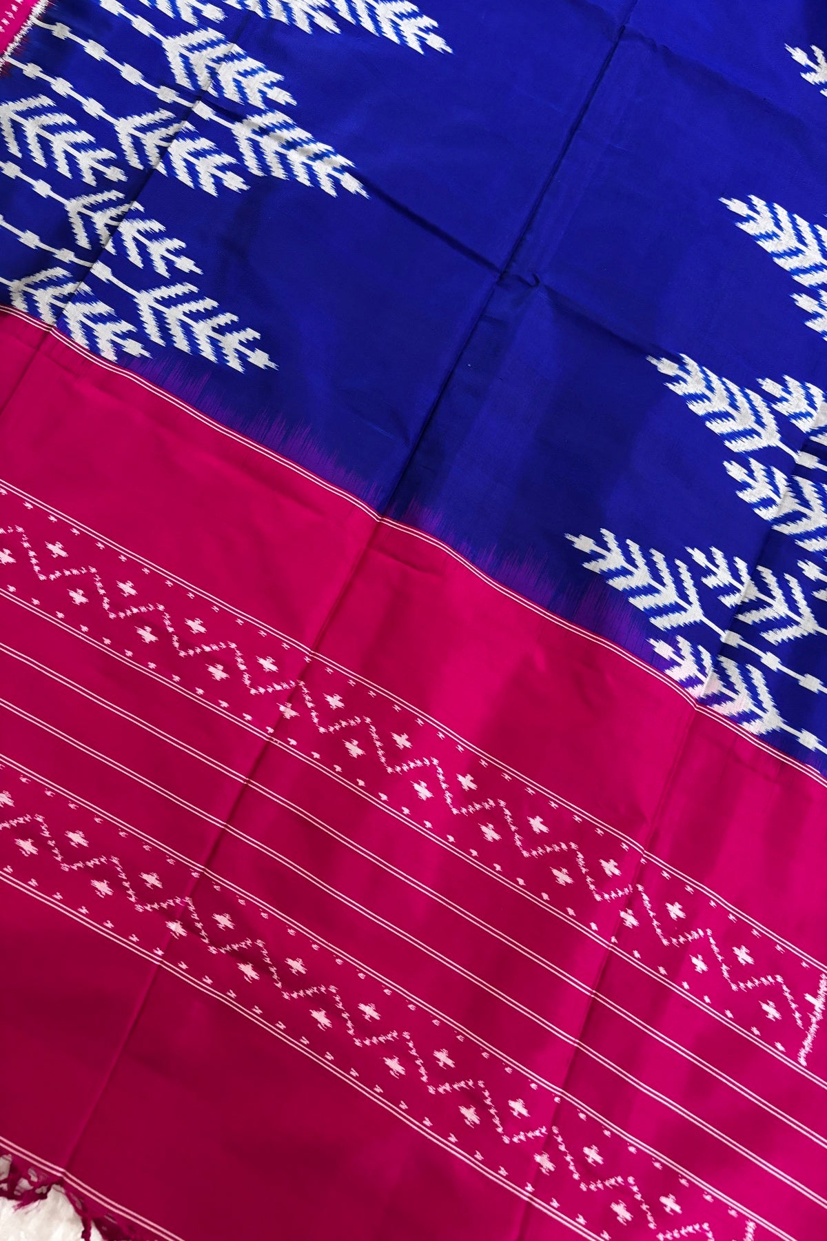 Royal Blue Chevron Tree Motif With Pink Border Handwoven Pure Silk Ikkat Dupatta