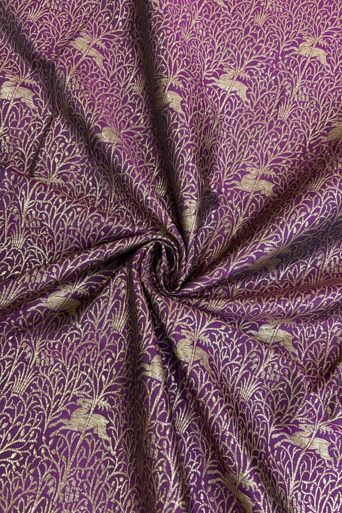 Reindeers Forest Themed Woven With Antiq Zari Katan Satin Banaras Fabric