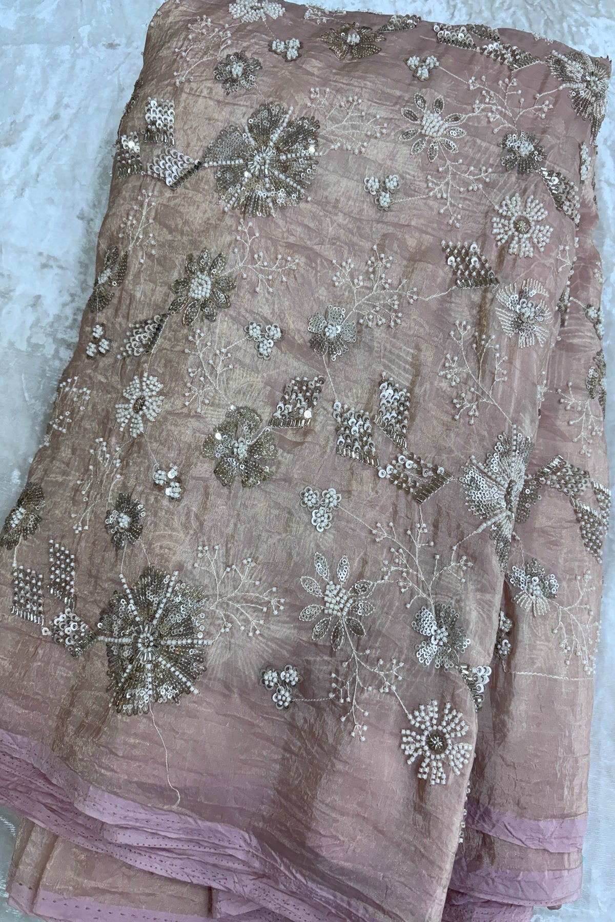 Glass Tissue Fabric Embroidered Floral Bunches With Cut Beads & Sequins