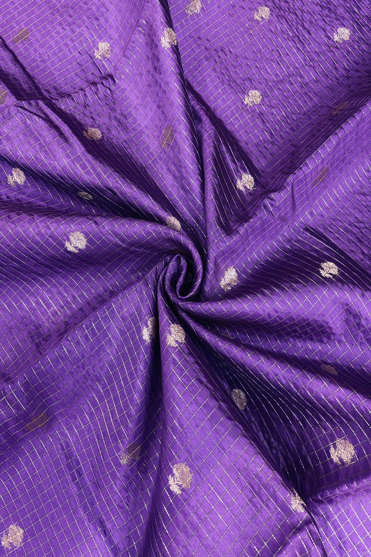 Pure Banaras Silk Fabric With Half Inch Zari Chex & Floral Motifs