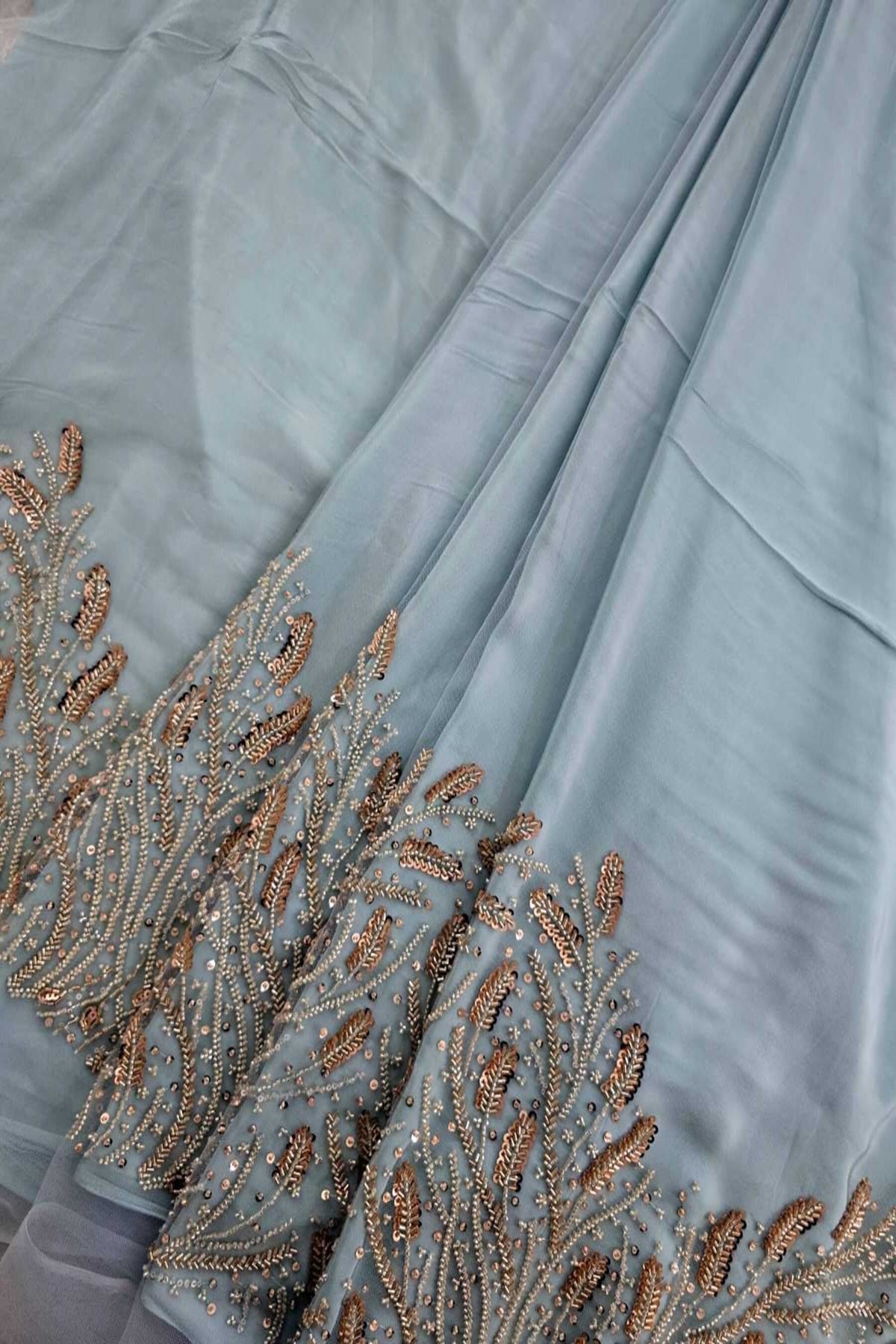 Coral Reef Patterned Cutbeads & Sequins Embroidered Net Fabric