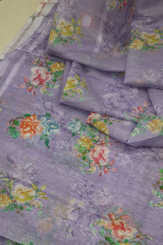 Lilac Lavender Floral Printed Falling Organza Fabric