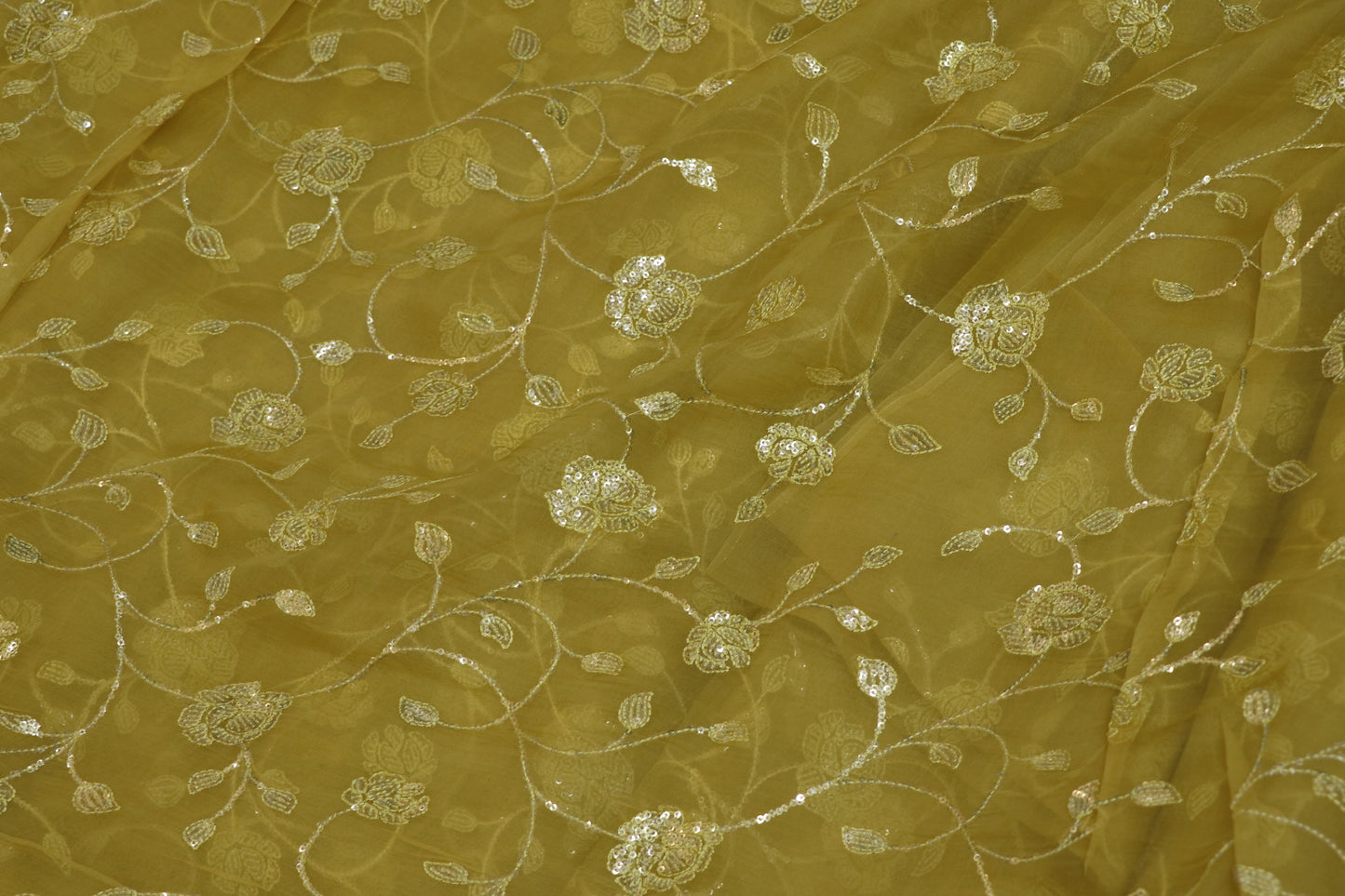 Self Sequins Floral Jaal Embroidered Pure Organza Fabric