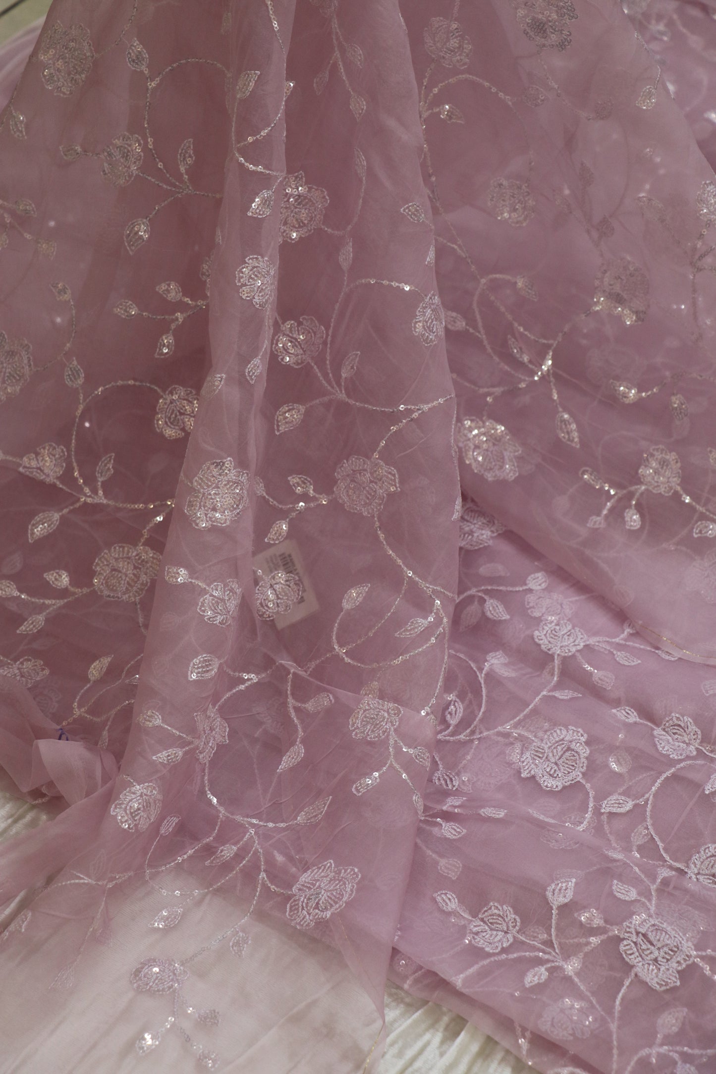Self Sequins Floral Jaal Embroidered Pure Organza Fabric