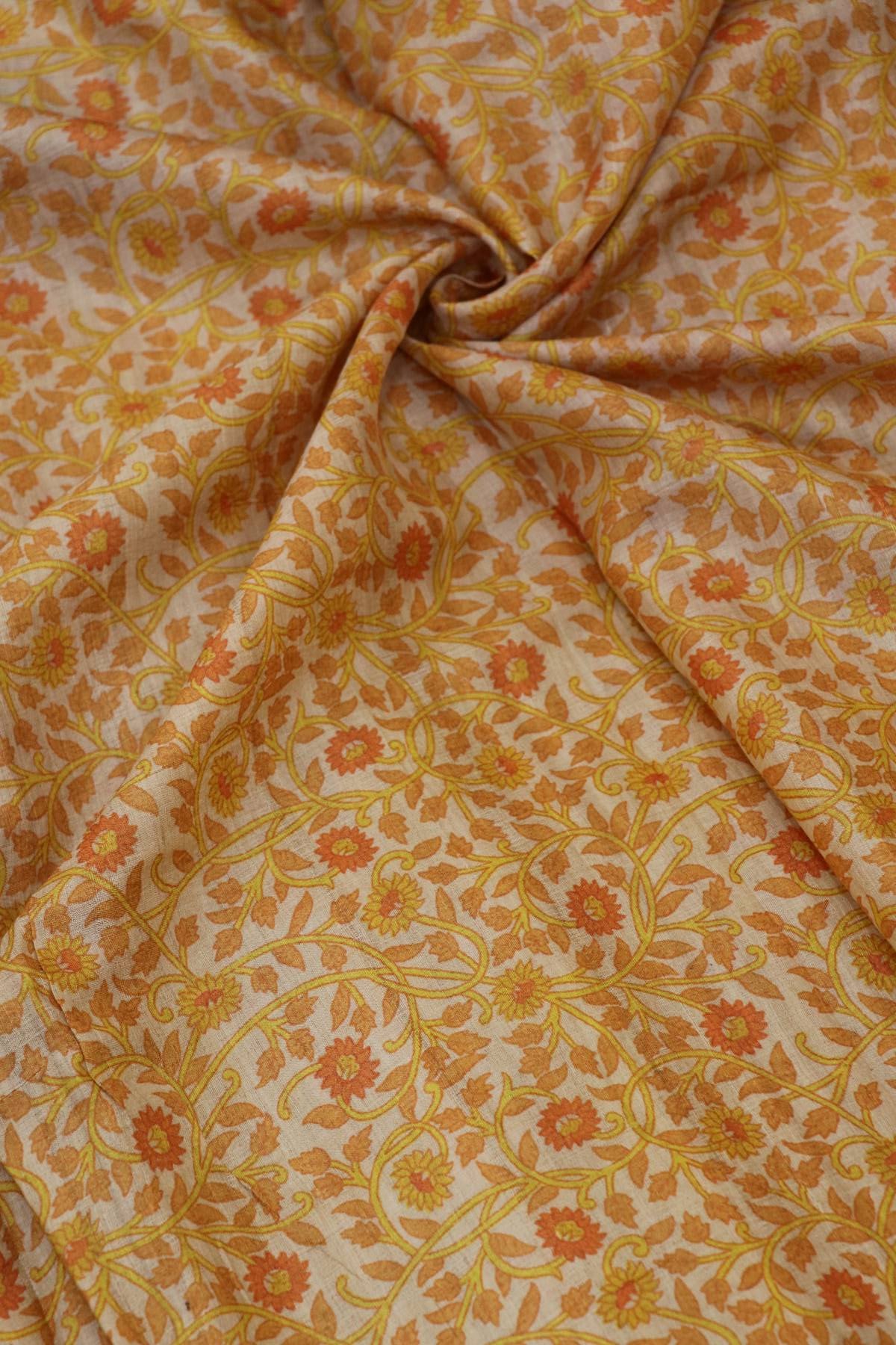 Natural Desi Tussar Orange Yellow Intricate Floral Printed Fabric