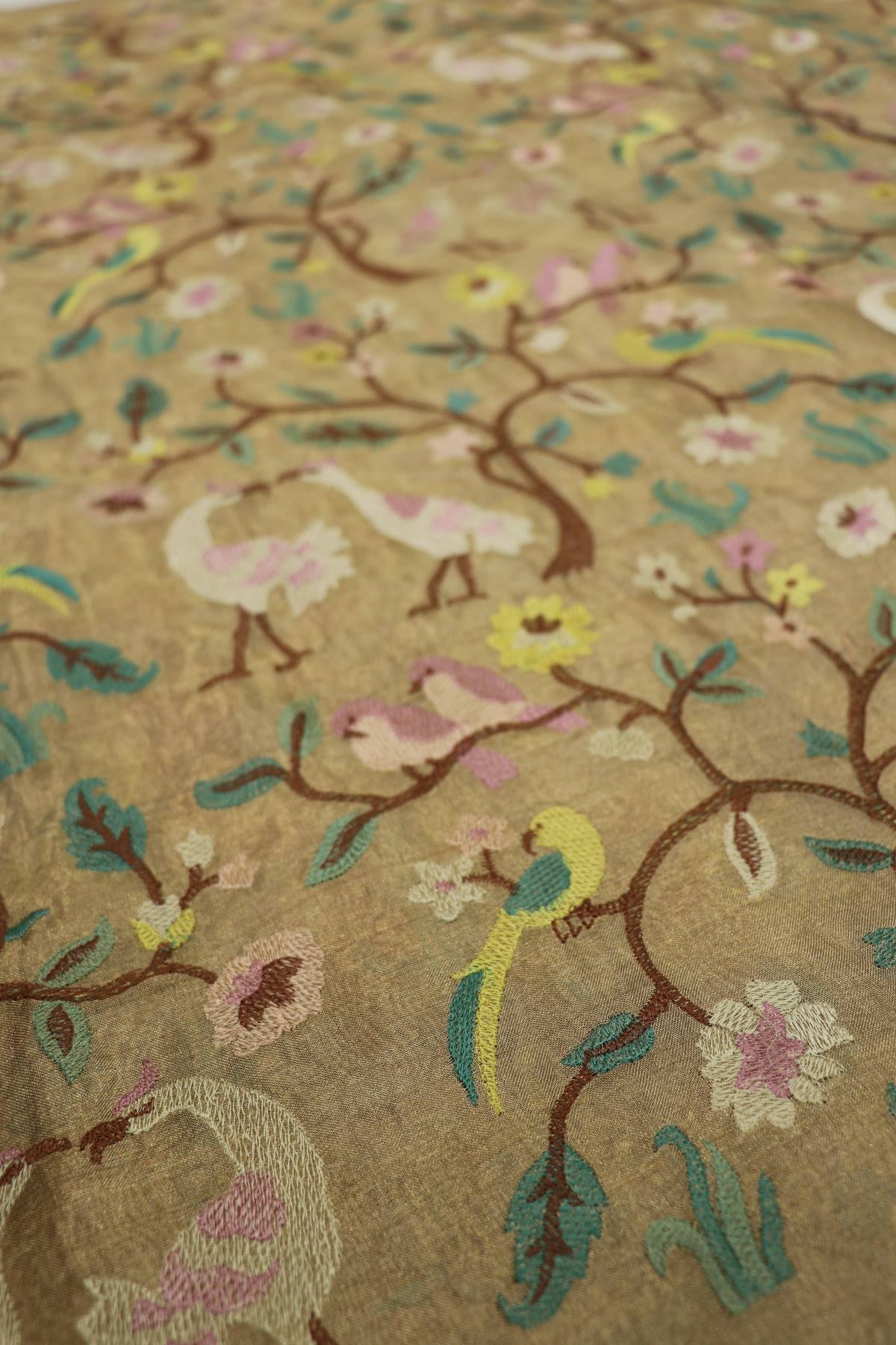 Tan Gold Jungle Theme Embroidered Pure Tissue Fabric