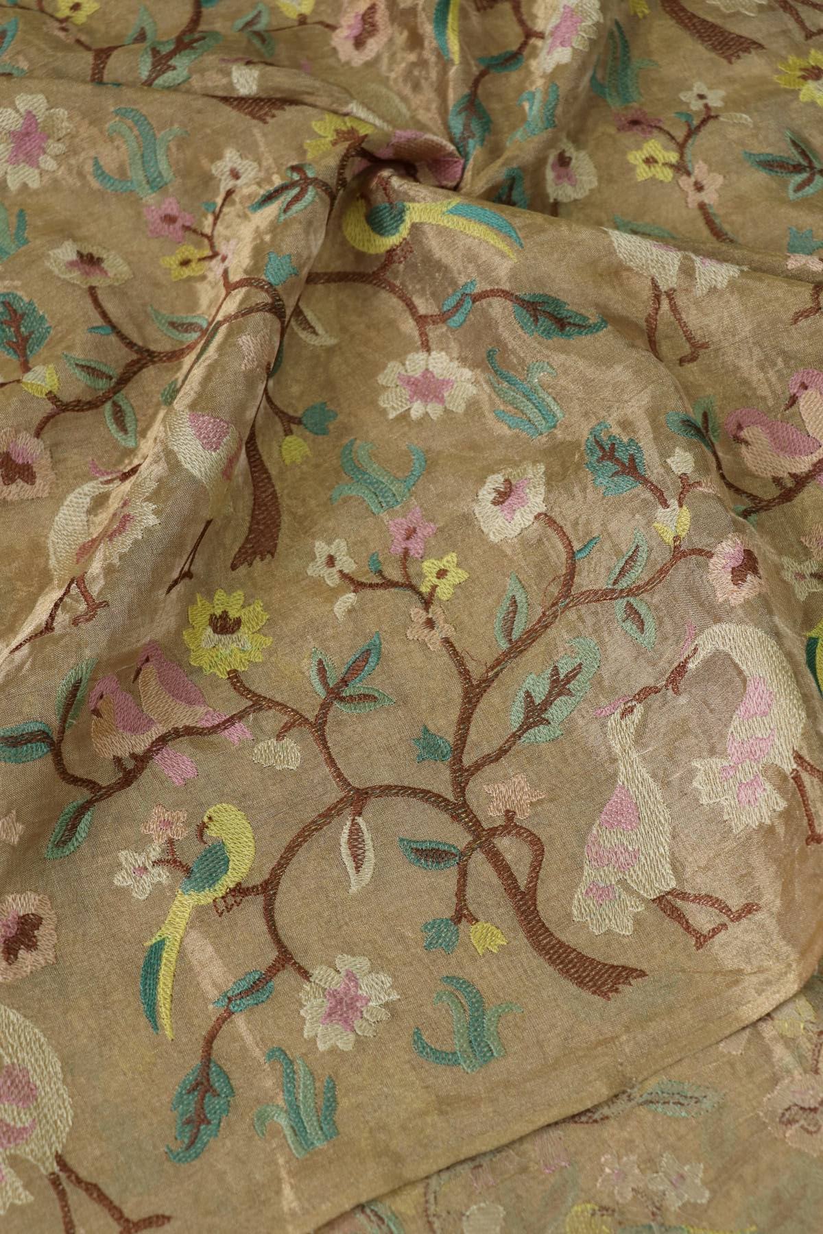 Tan Gold Jungle Theme Embroidered Pure Tissue Fabric