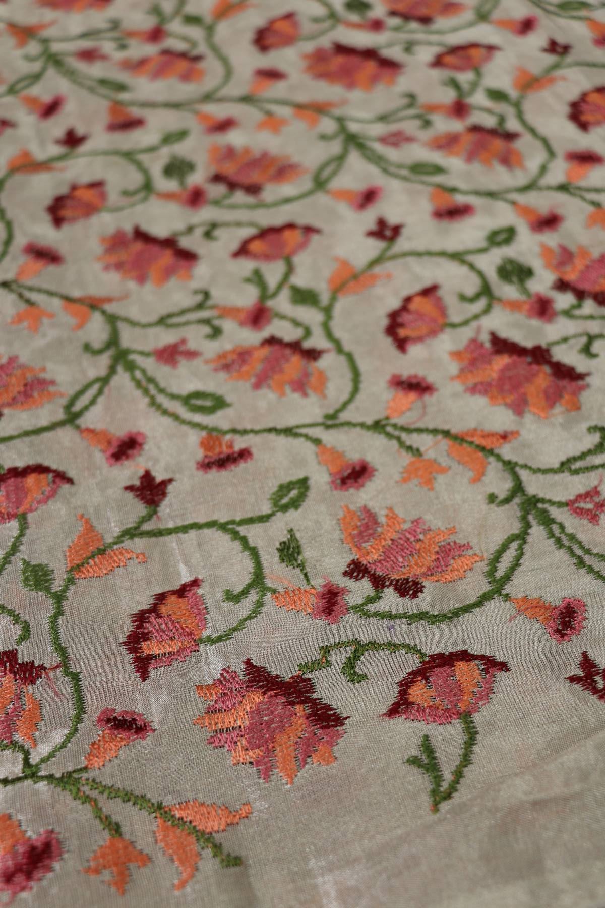 Ivory Silver Pitchwai Design Embroidered Pure Tissue Fabric