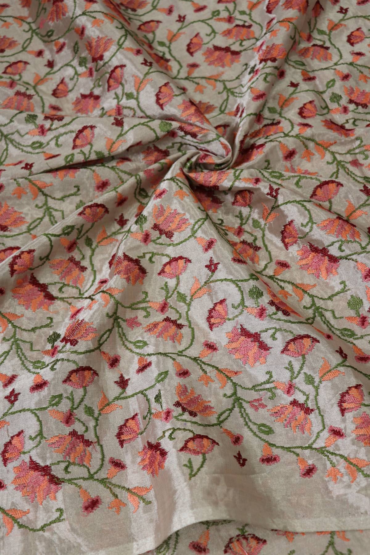 Ivory Silver Pitchwai Design Embroidered Pure Tissue Fabric