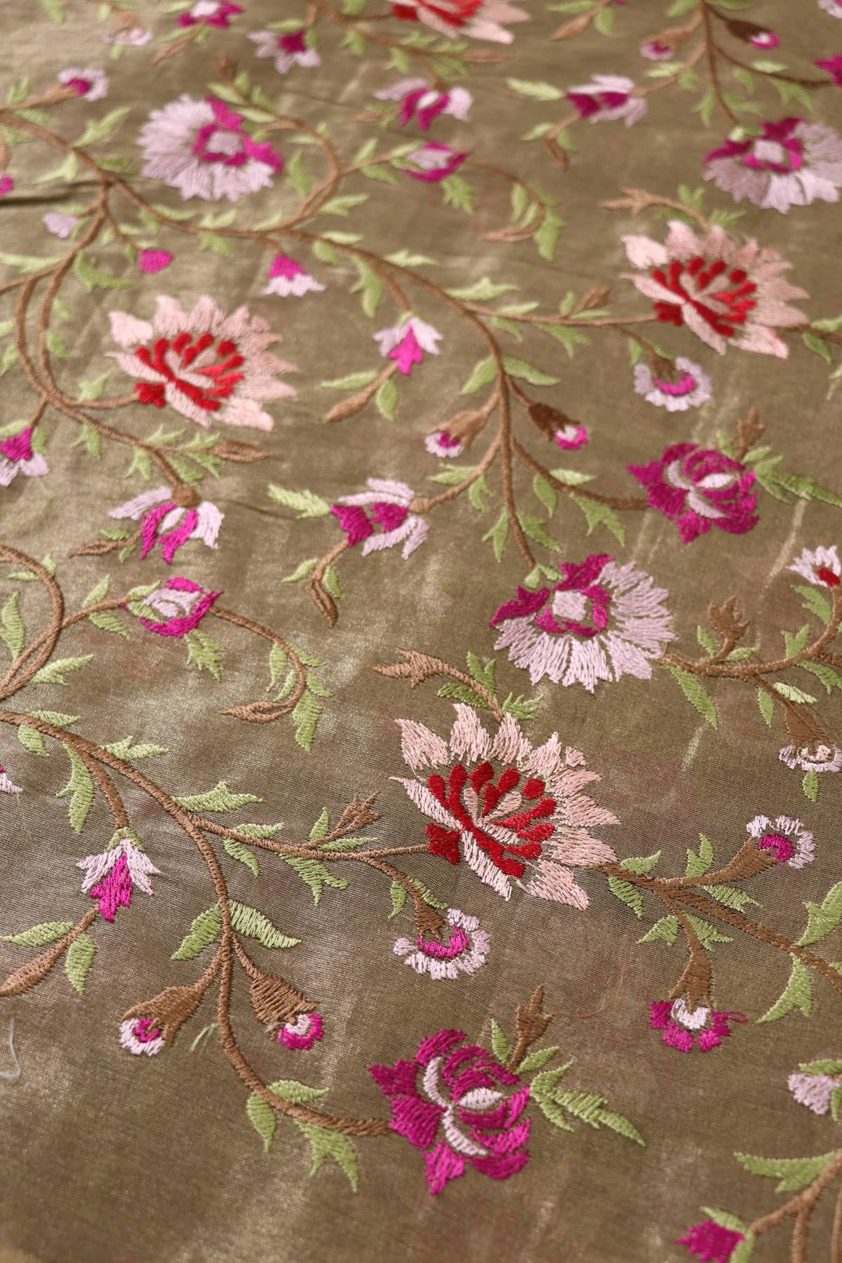 Dark Wood Brown With Hues Of Pink & Reds Floral Pure Embroidered Tissue Fabric