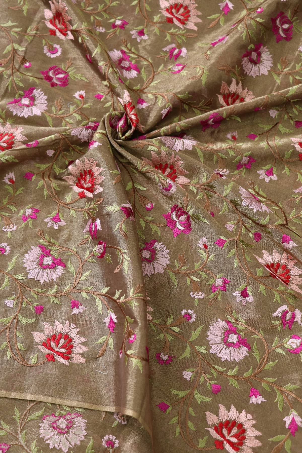 Dark Wood Brown With Hues Of Pink & Reds Floral Pure Embroidered Tissue Fabric