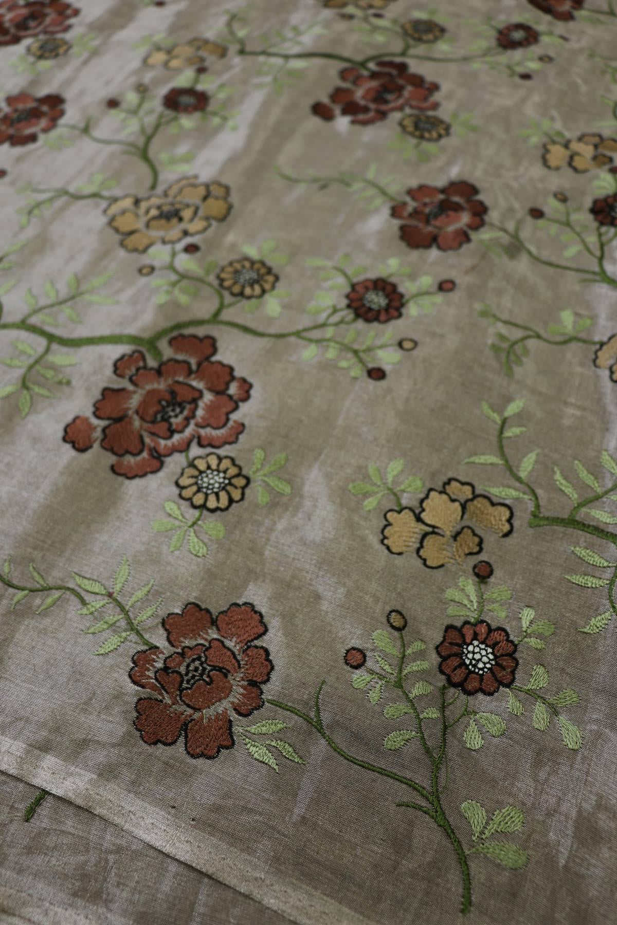 Snow White Silver Cherry Blossom Design Embroidered Pure Tissue Fabric