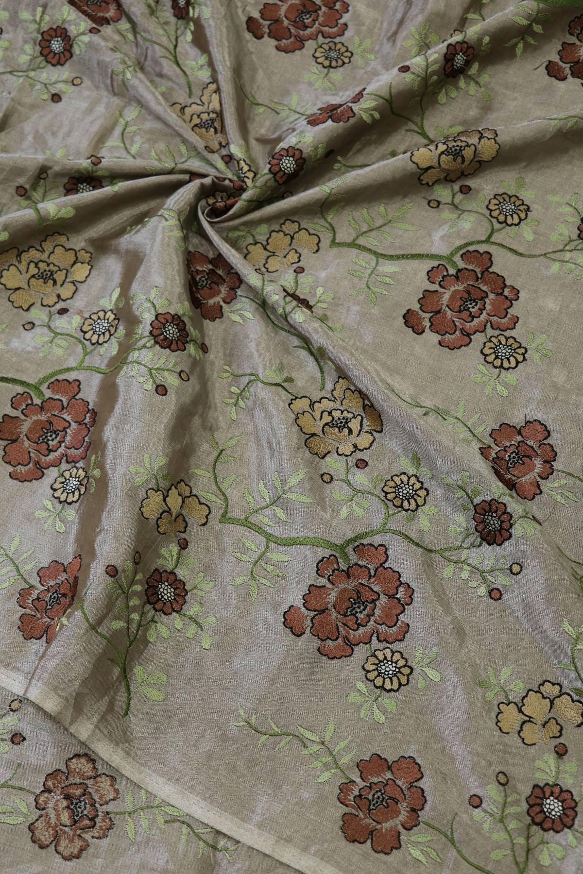 Snow White Silver Cherry Blossom Design Embroidered Pure Tissue Fabric