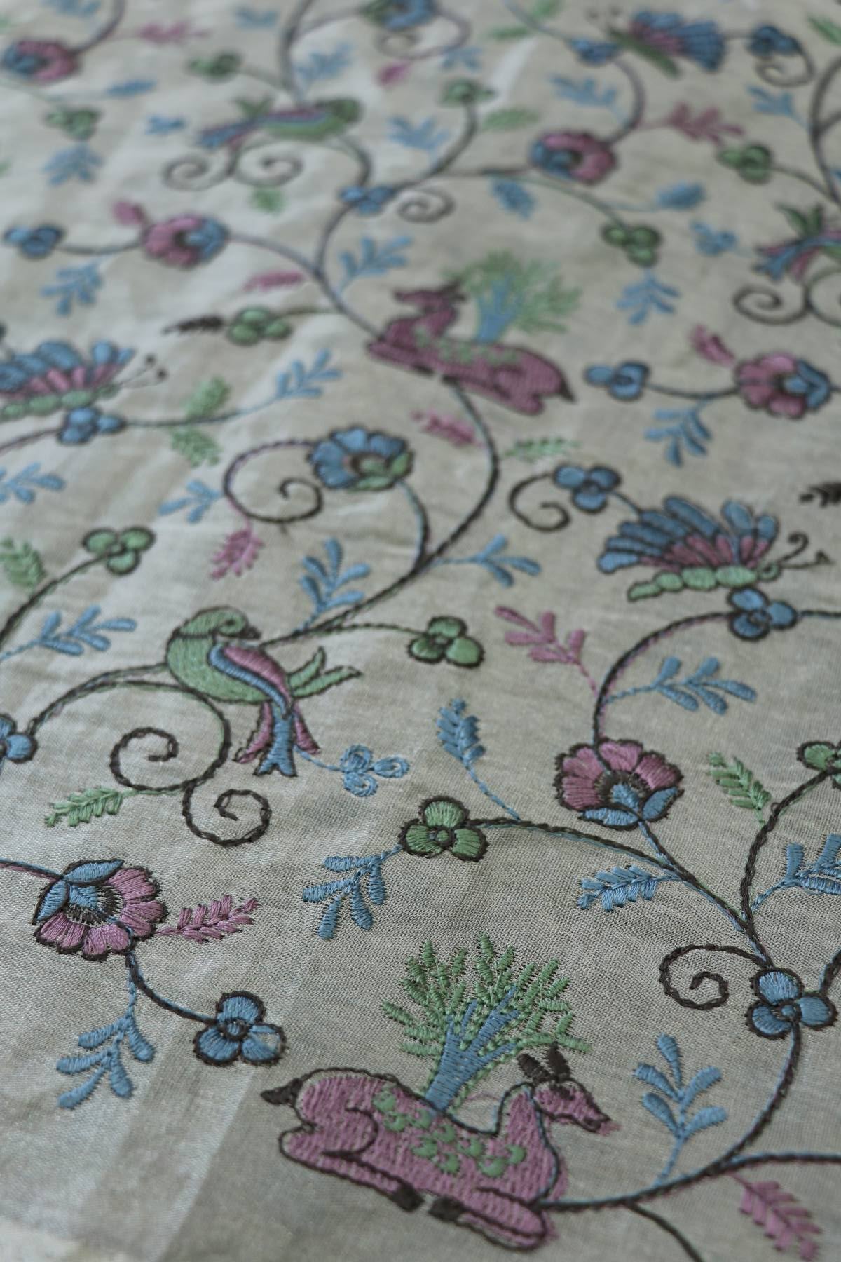 Metallic Silver Grey Jungle Theme Embroidered Pure  Tissue Fabric