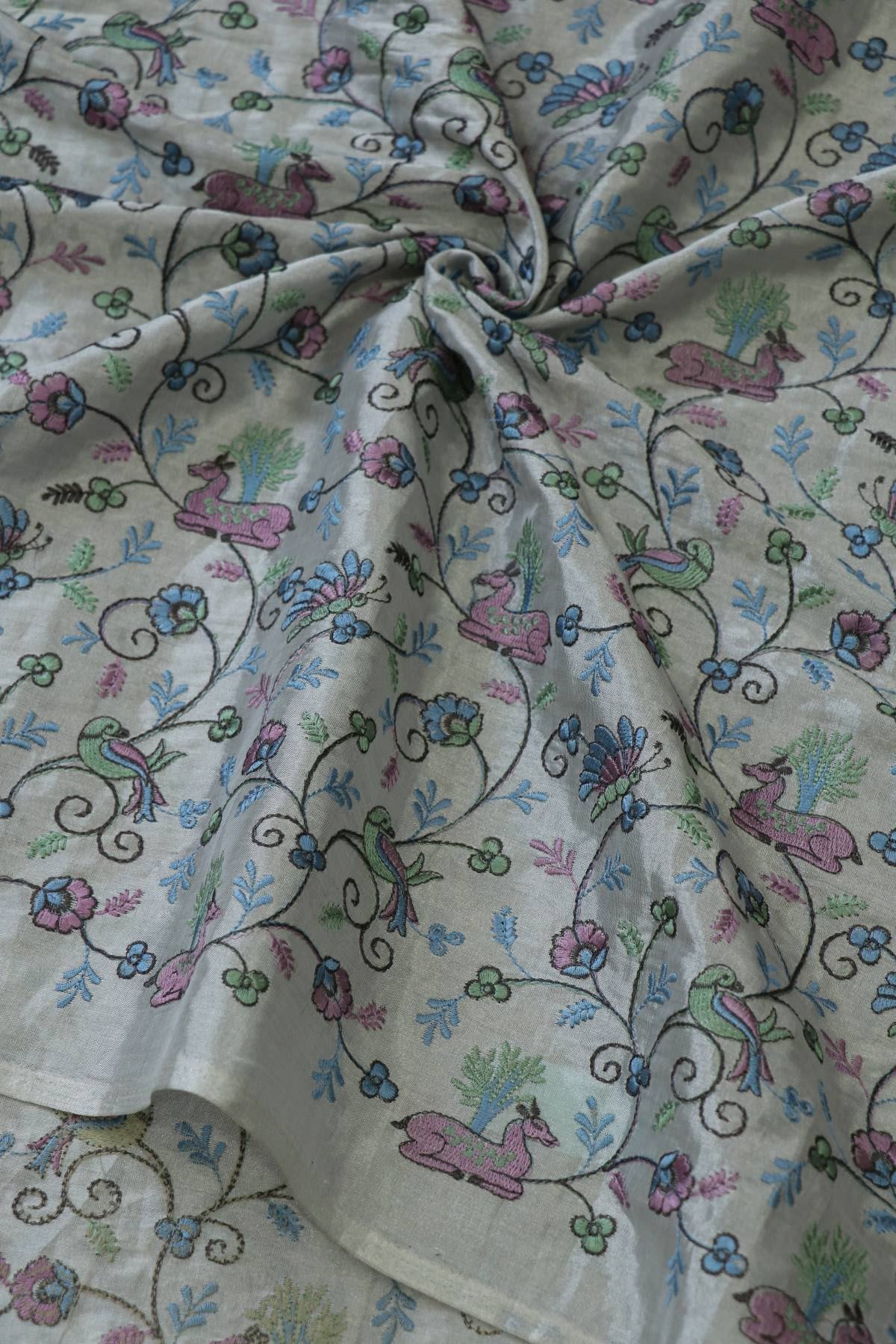Metallic Silver Grey Jungle Theme Embroidered Pure  Tissue Fabric