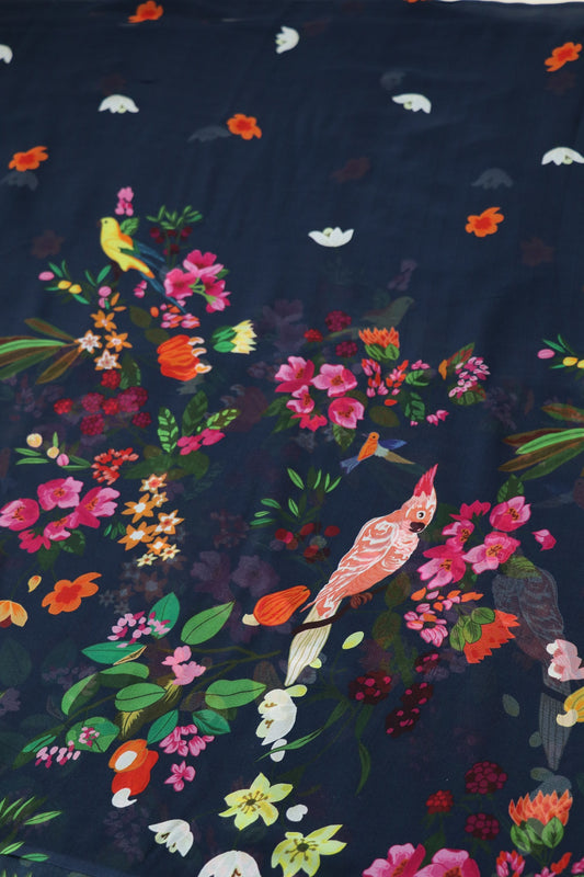 Navy Blue Tropical Birds Printed Georgette Fabric