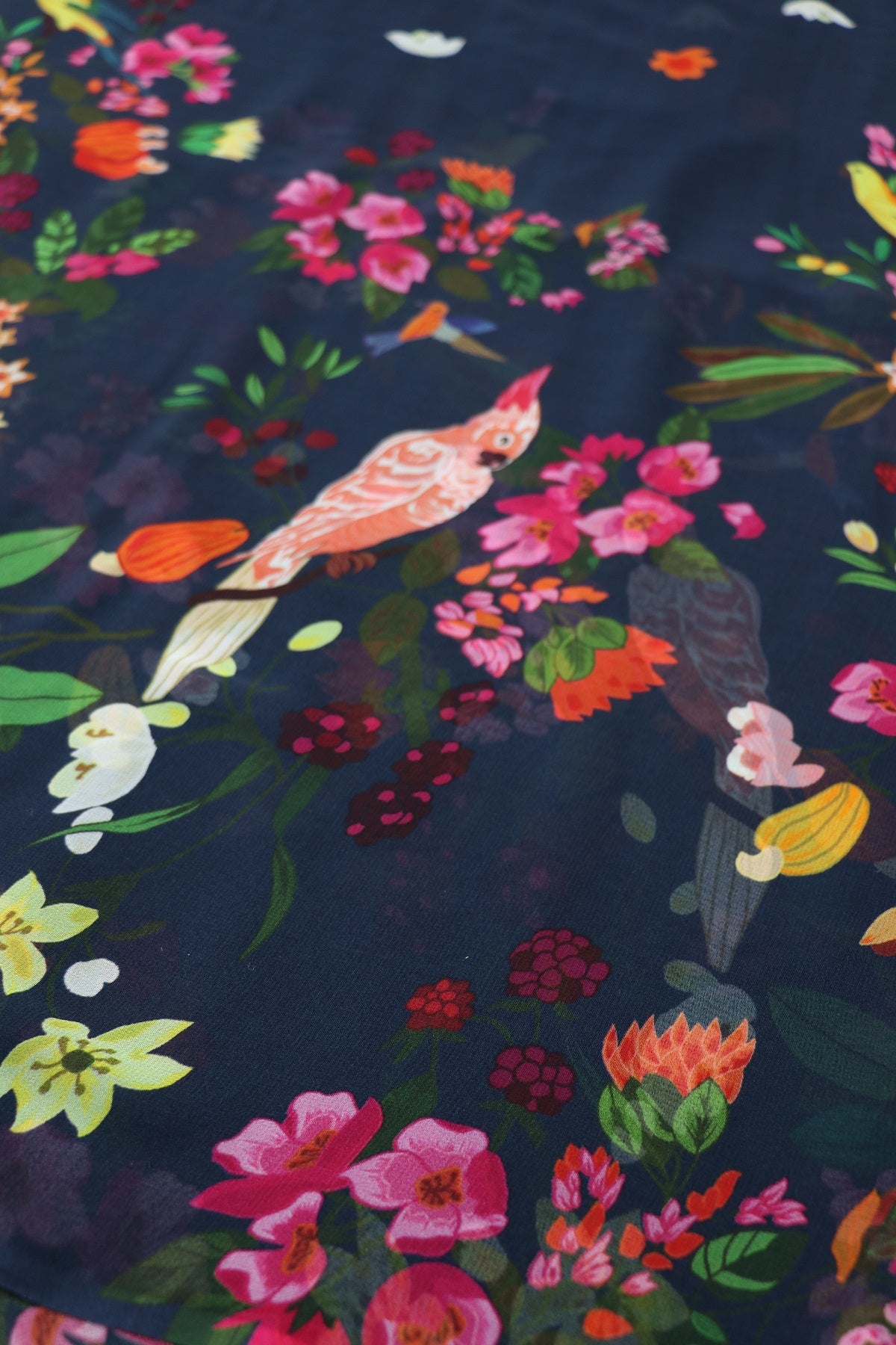Navy Blue Tropical Birds Printed Georgette Fabric