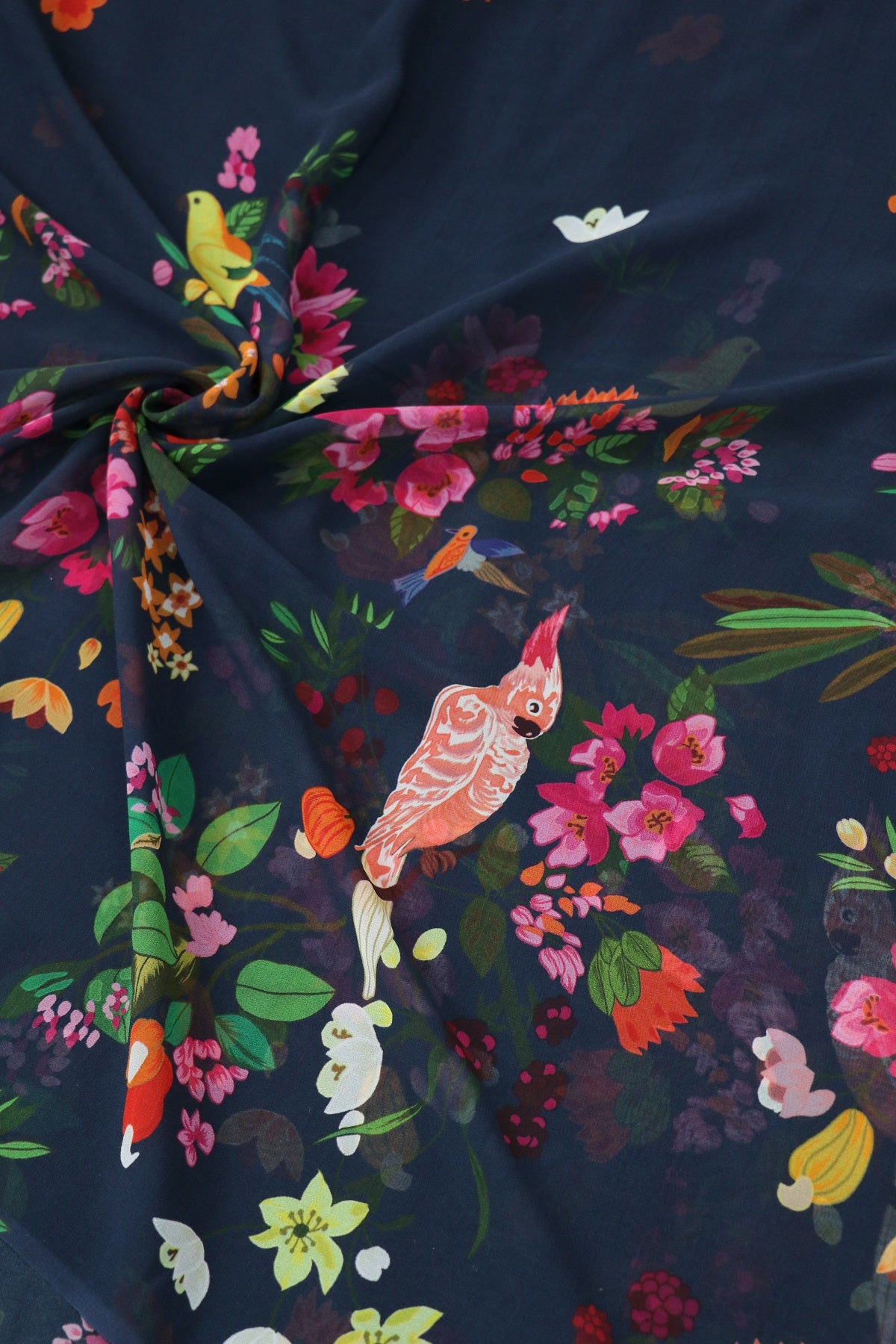 Navy Blue Tropical Birds Printed Georgette Fabric