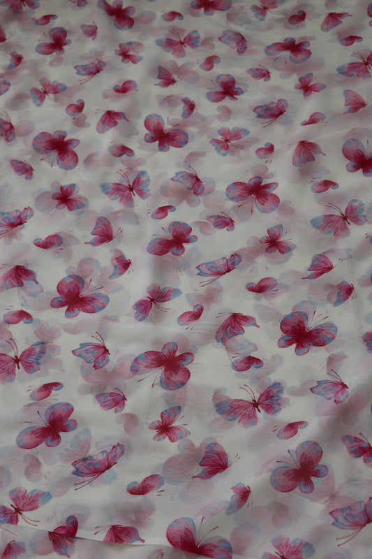 Pearl White Butterfly Printed Georgette Fabric