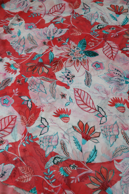 Hues Of Rasberry pink Floral Prints On Pearl White Georgette Fabric