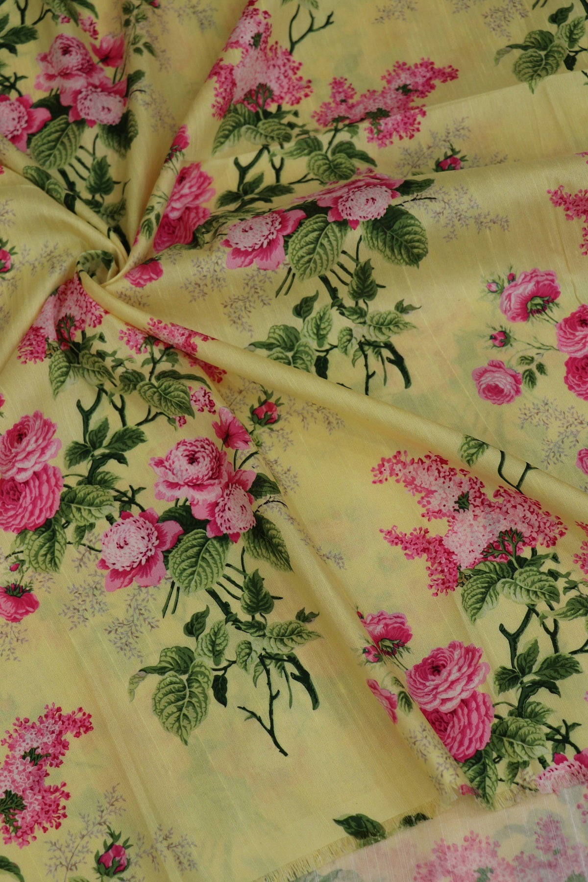 Baby Pink Rose Bouquet Printed Semi Rawsilk Fabric