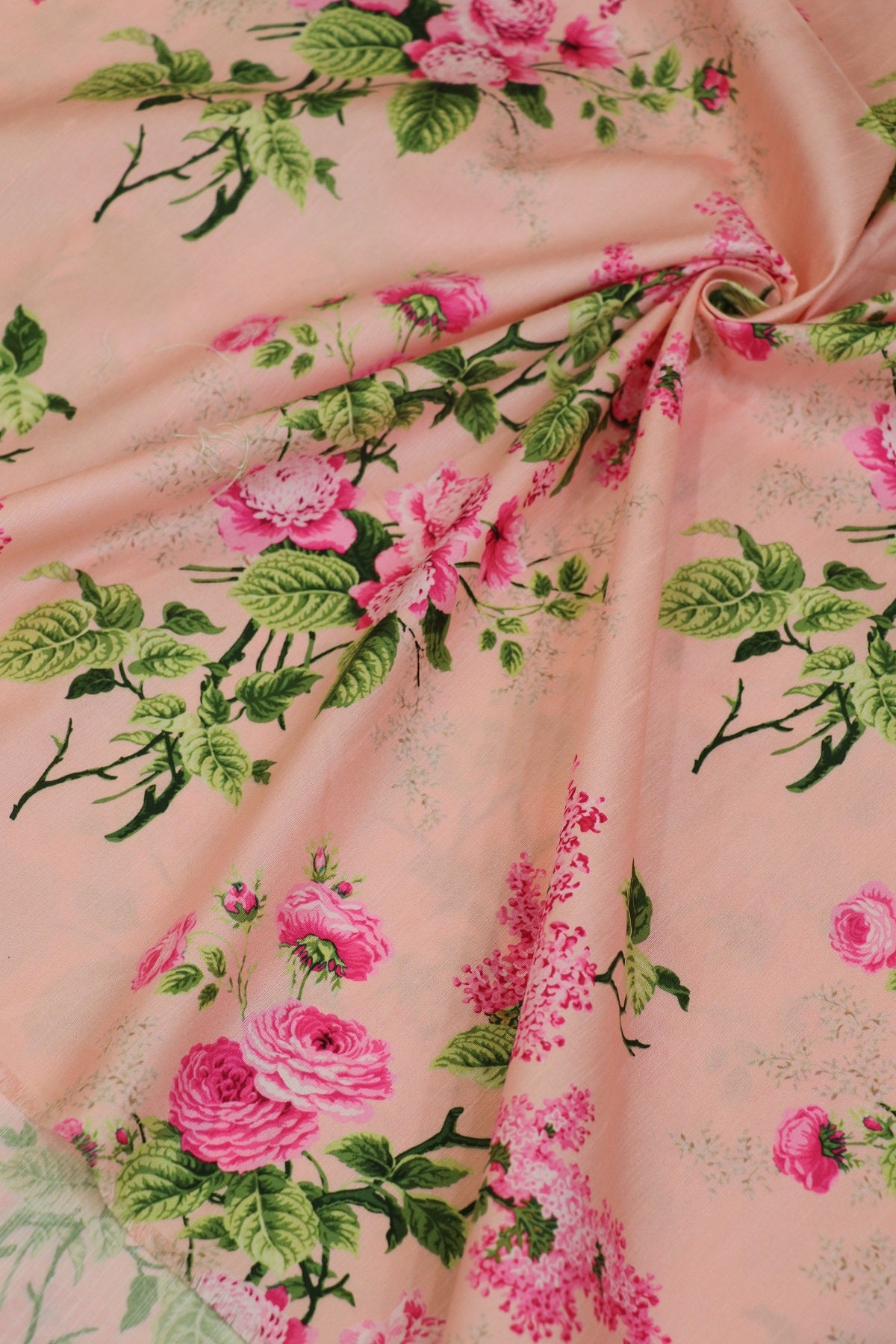 Baby Pink Rose Bouquet Printed Semi Rawsilk Fabric