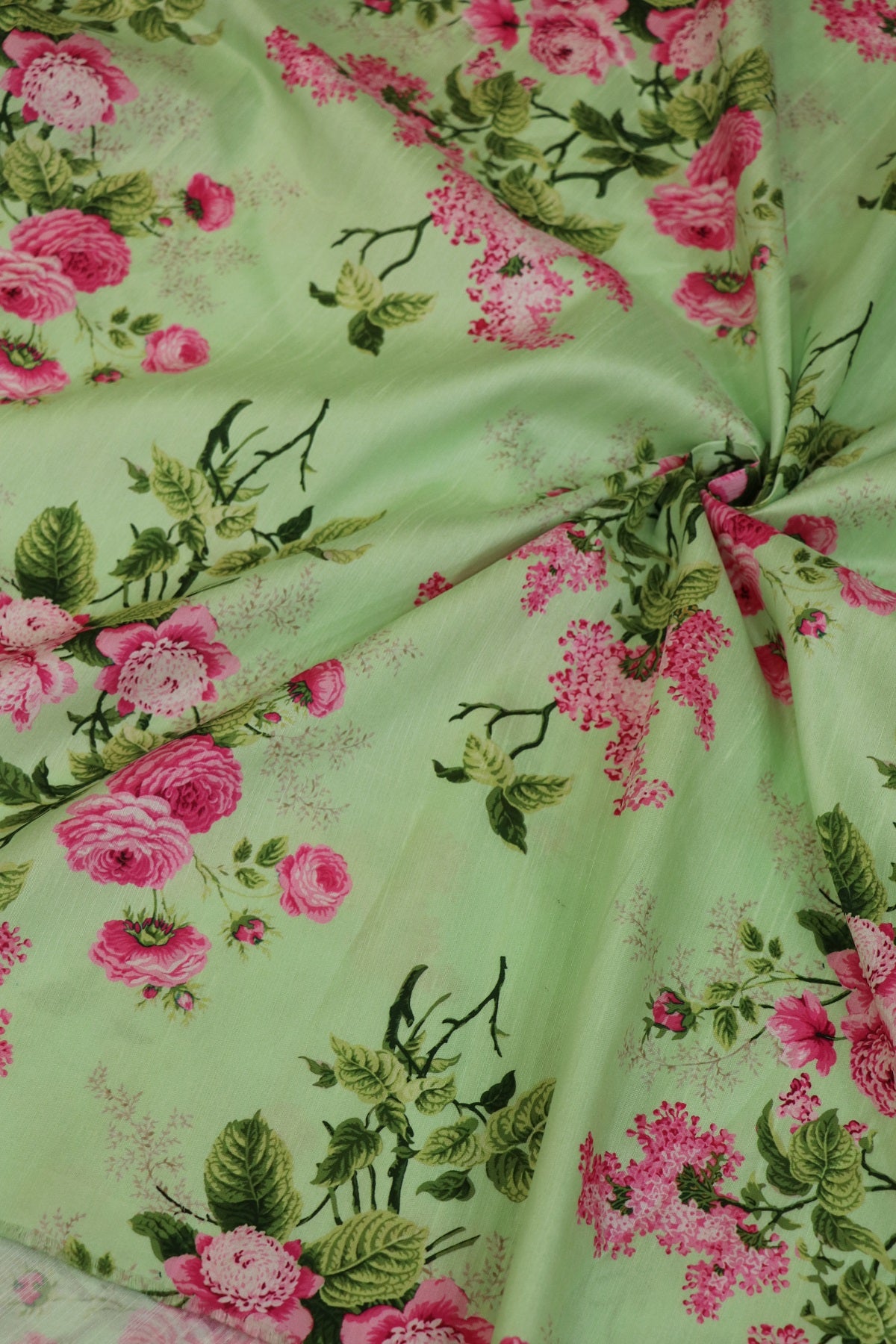 Baby Pink Rose Bouquet Printed Semi Rawsilk Fabric