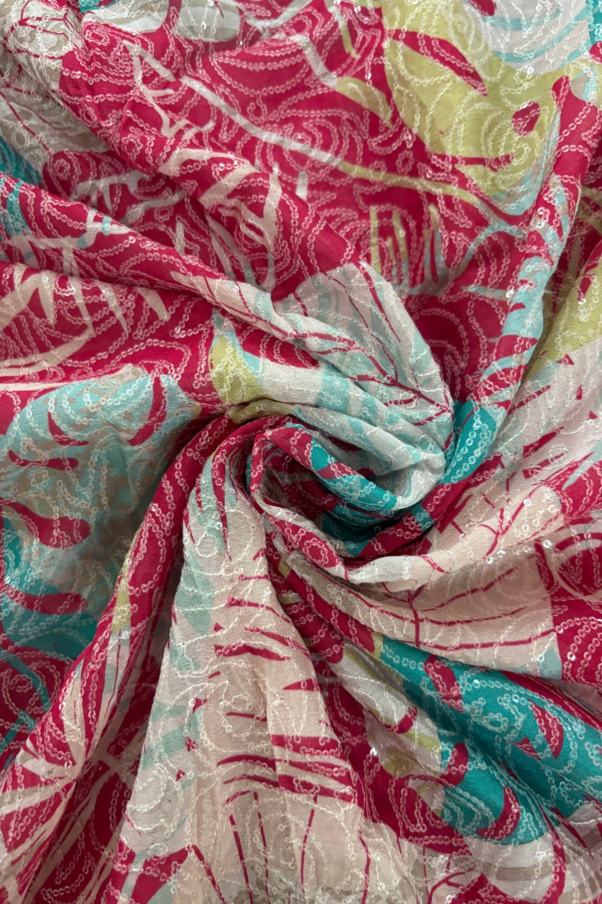 Tropical Leaf Printed with Running Mini Sequins Embroidered Chinnon Fabric
