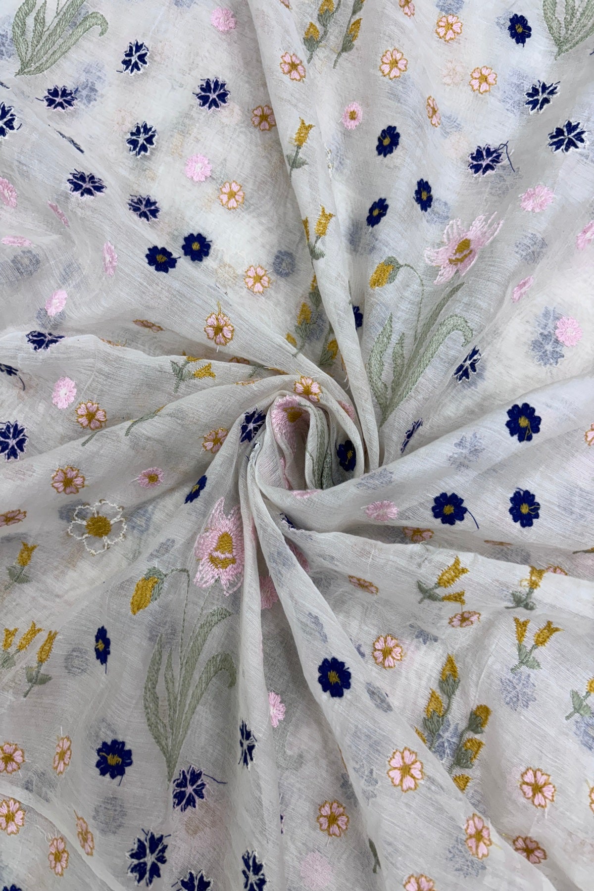 Multi Threads & Multi Flowers Embroidered Pure Mul Chanderi Fabric