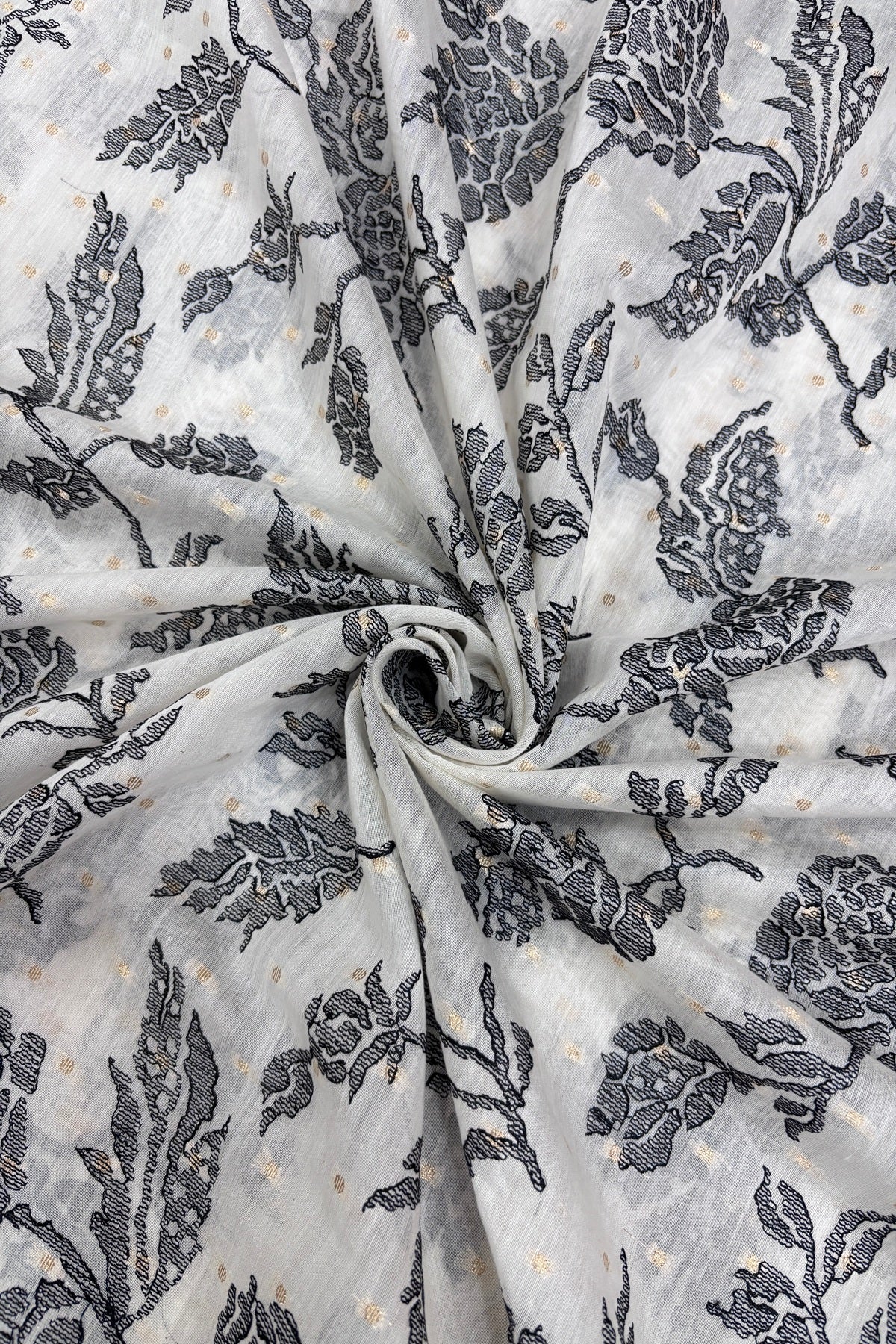 Black Rose Flowers Embroidered Pure Mul Chanderi Fabric With One Inch Border & Zari Woven Polka Dots