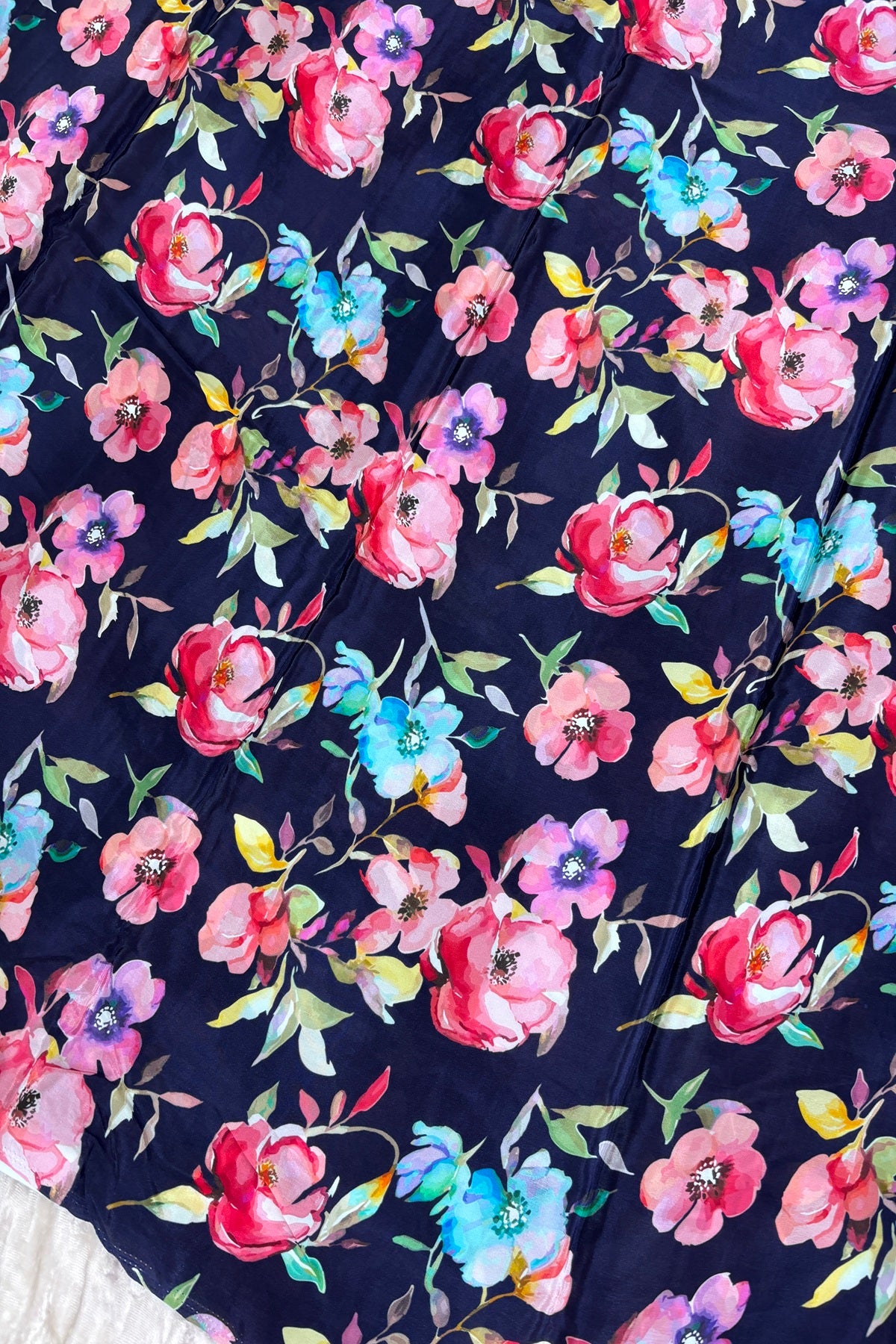 Midnight Blue Multi Color Floral Printed Crepe Fabric
