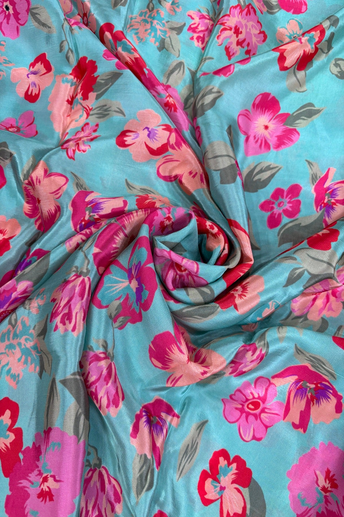 Teal Sea Green Peach & Pink Color Floral Printed Crepe Fabric