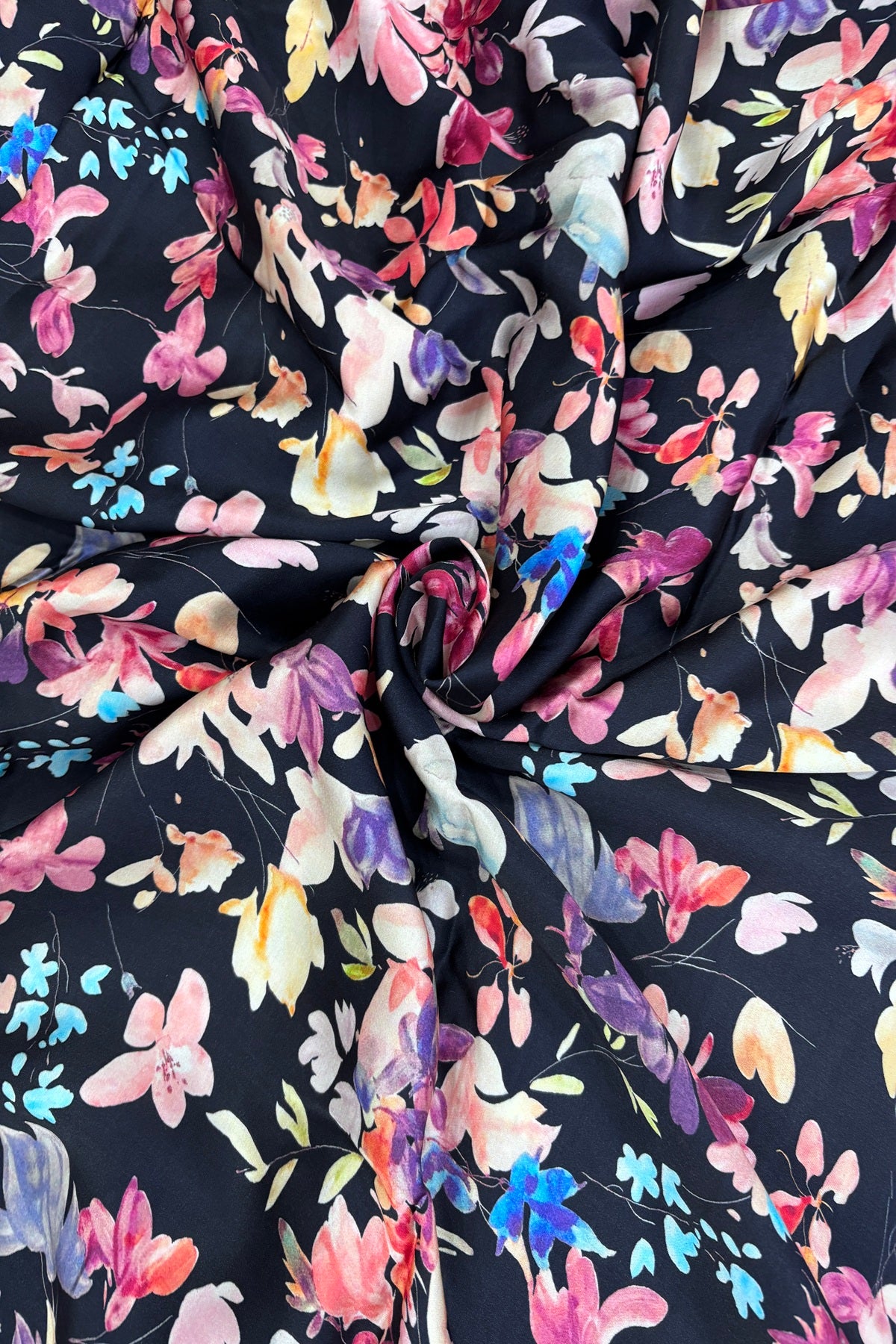 Black Multi Color Floral Printed Crepe Fabric
