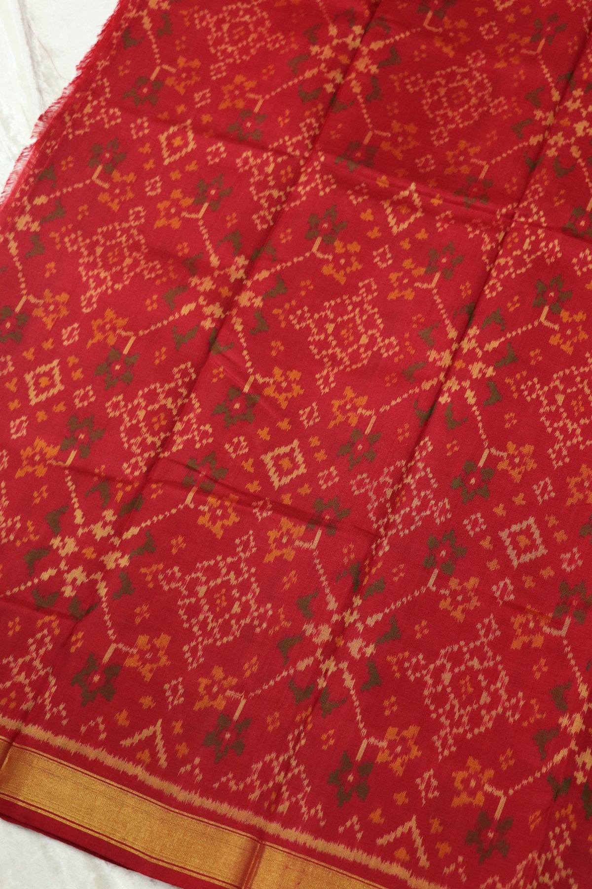 Vivid Red Pure Silk Patan Patola Woven Fabric