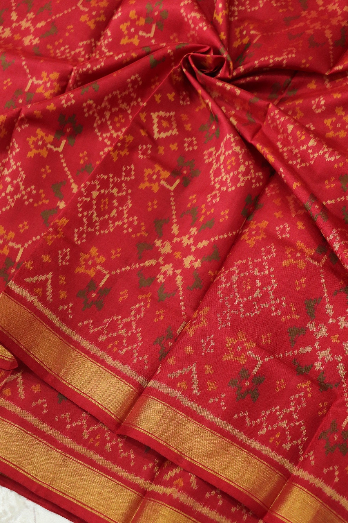 Vivid Red Pure Silk Patan Patola Woven Fabric