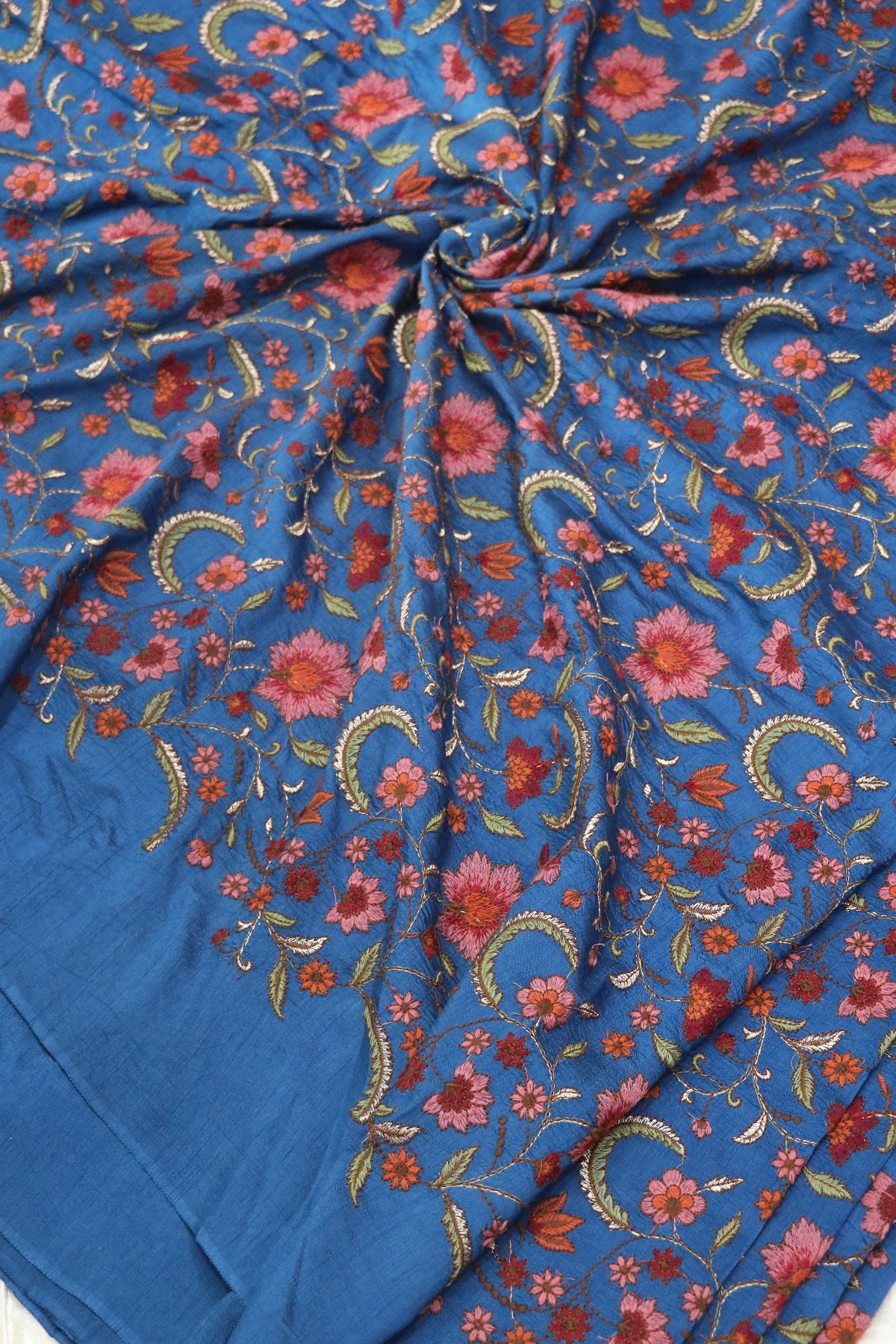 Hues Of Threads Embroidery Creeper Design On Falling Rawsilk Fabric
