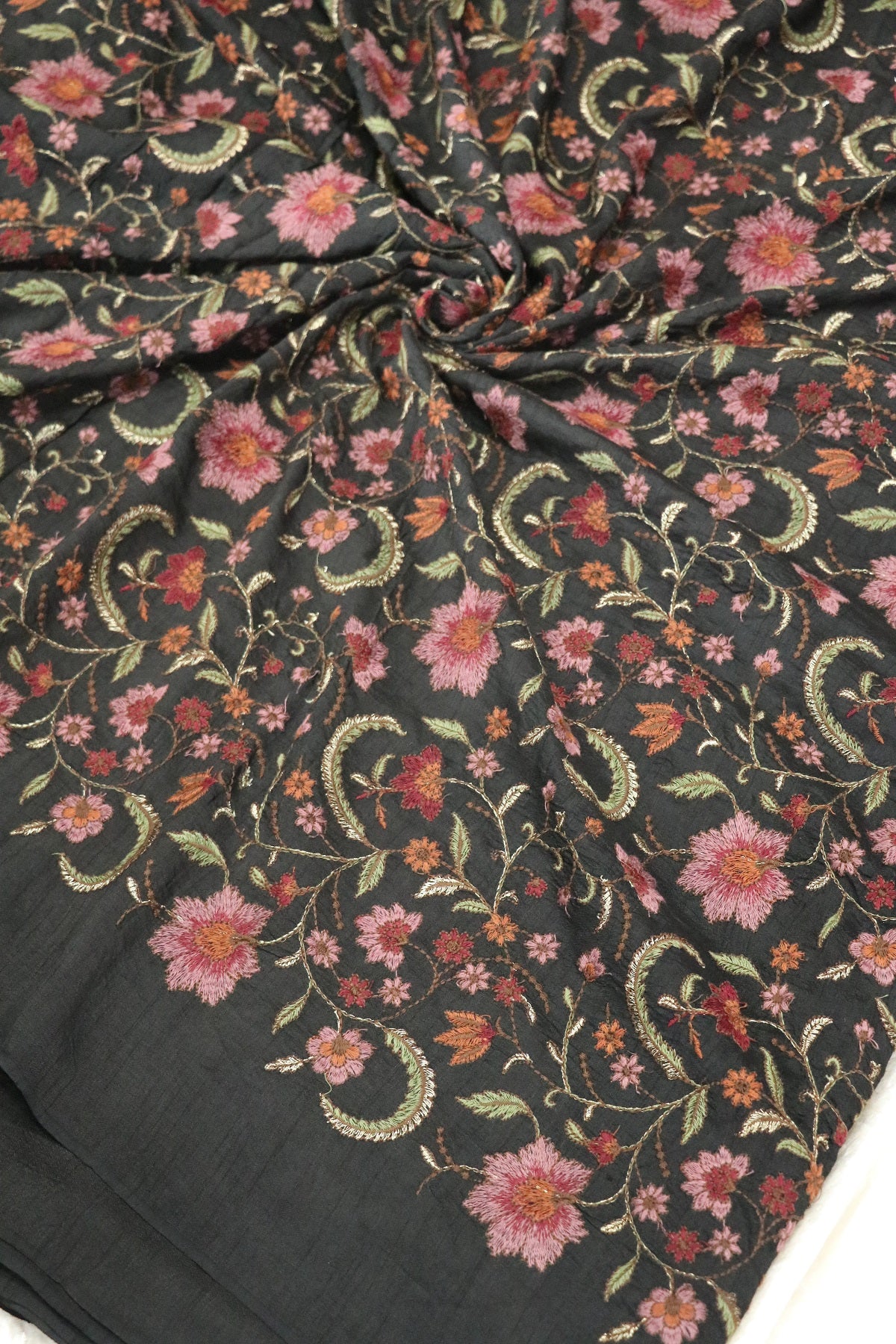 Hues Of Threads Embroidery Creeper Design On Falling Rawsilk Fabric