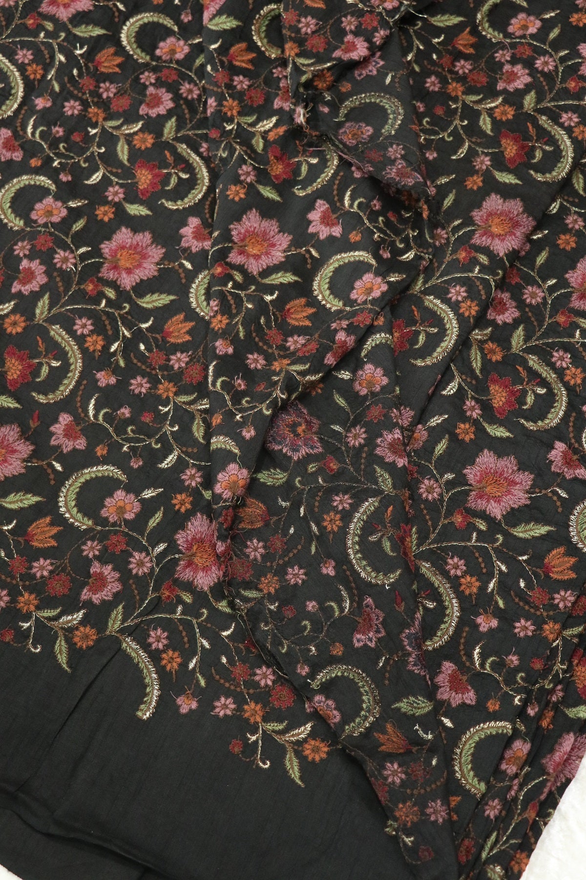 Hues Of Threads Embroidery Creeper Design On Falling Rawsilk Fabric