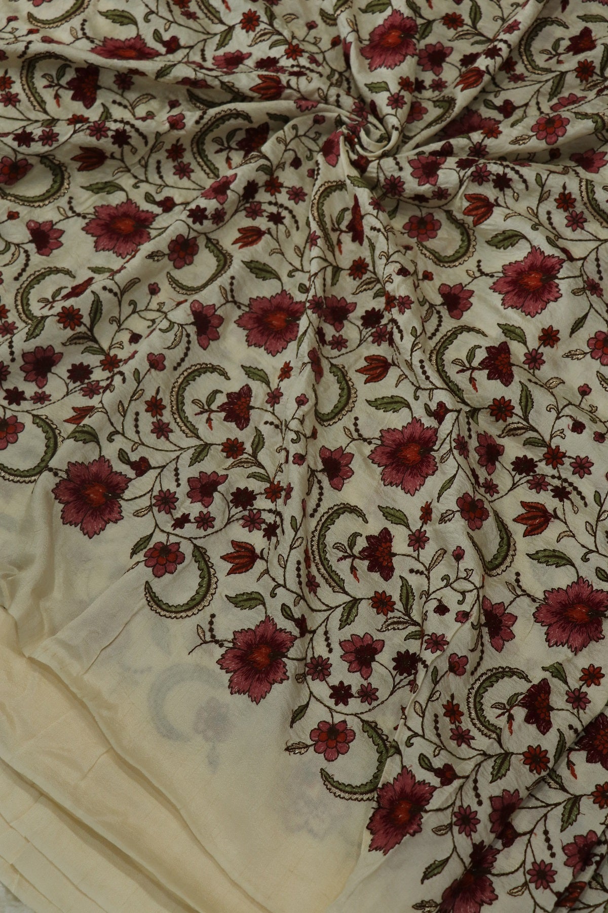 Hues Of Threads Embroidery Creeper Design On Falling Rawsilk Fabric