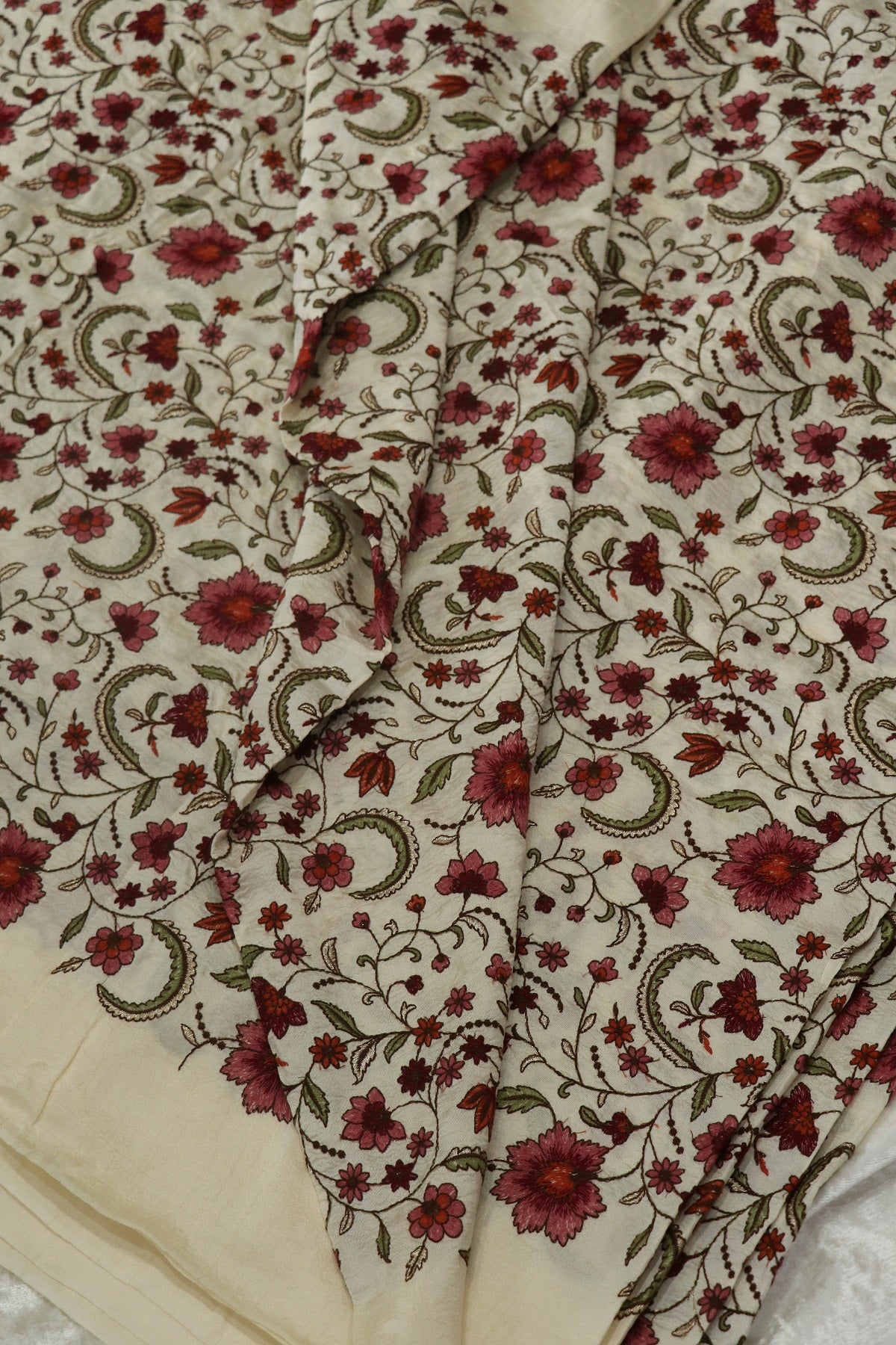 Hues Of Threads Embroidery Creeper Design On Falling Rawsilk Fabric