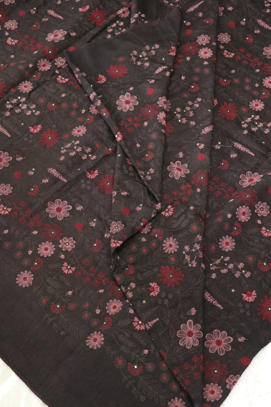 Floral & Pine Tree Design Embroidery On Falling Rawsilk Fabric