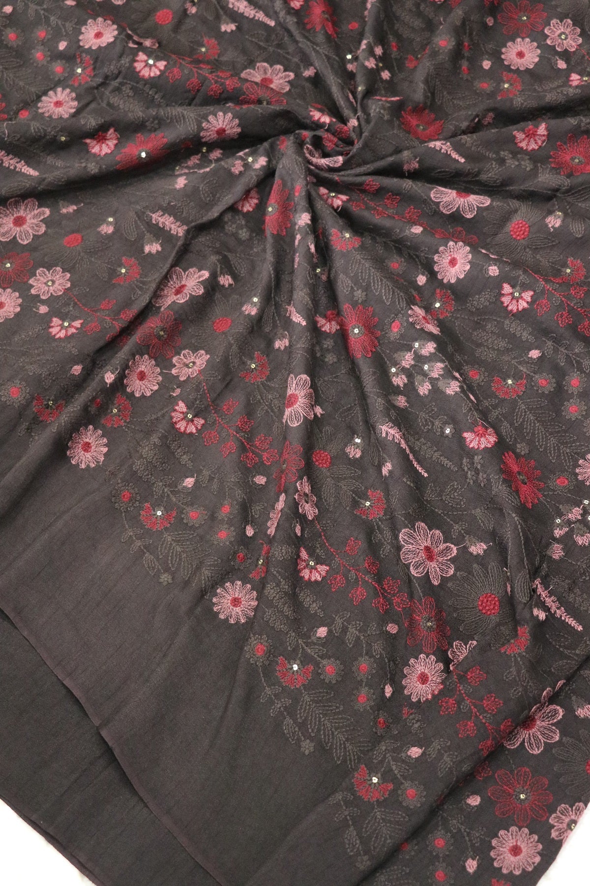 Floral & Pine Tree Design Embroidery On Falling Rawsilk Fabric