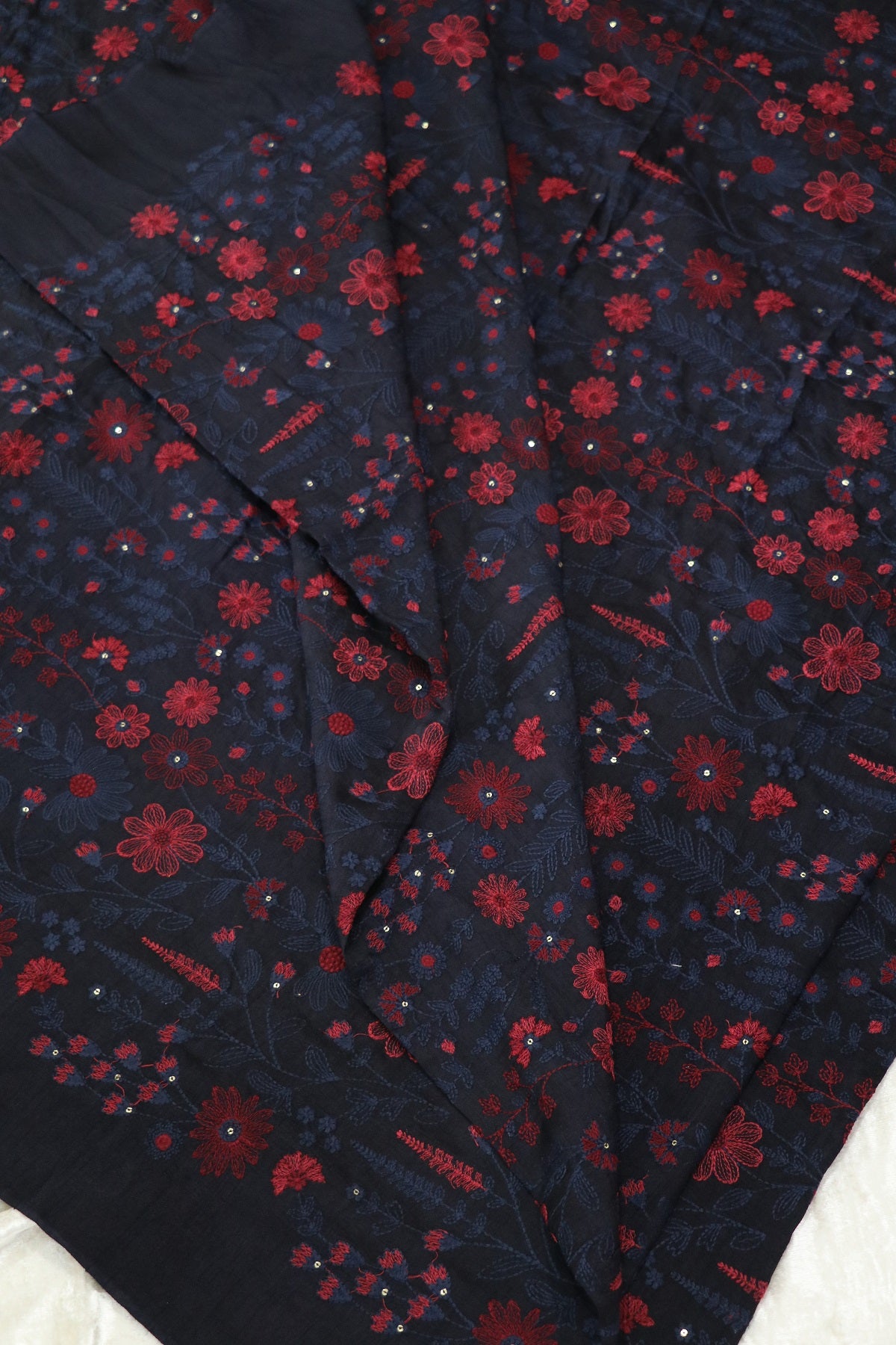 Floral & Pine Tree Design Embroidery On Falling Rawsilk Fabric